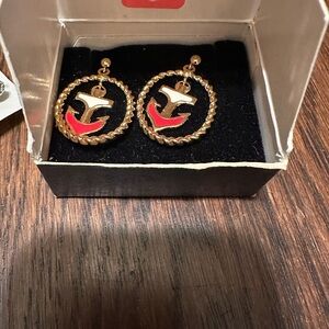 Elegant Gold and Red Anchor Earrings